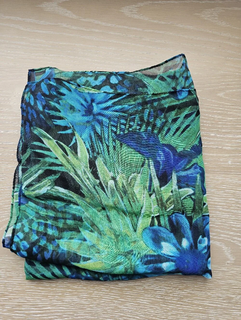 Sheer Tropical Botanical Oblong Scarf Royal Blue Green Palm Leaves Sarong 72x18